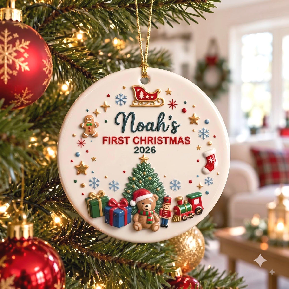 Personalized baby's first Christmas 2026 3D ceramic ornament with a teddy bear, gifts and a tree