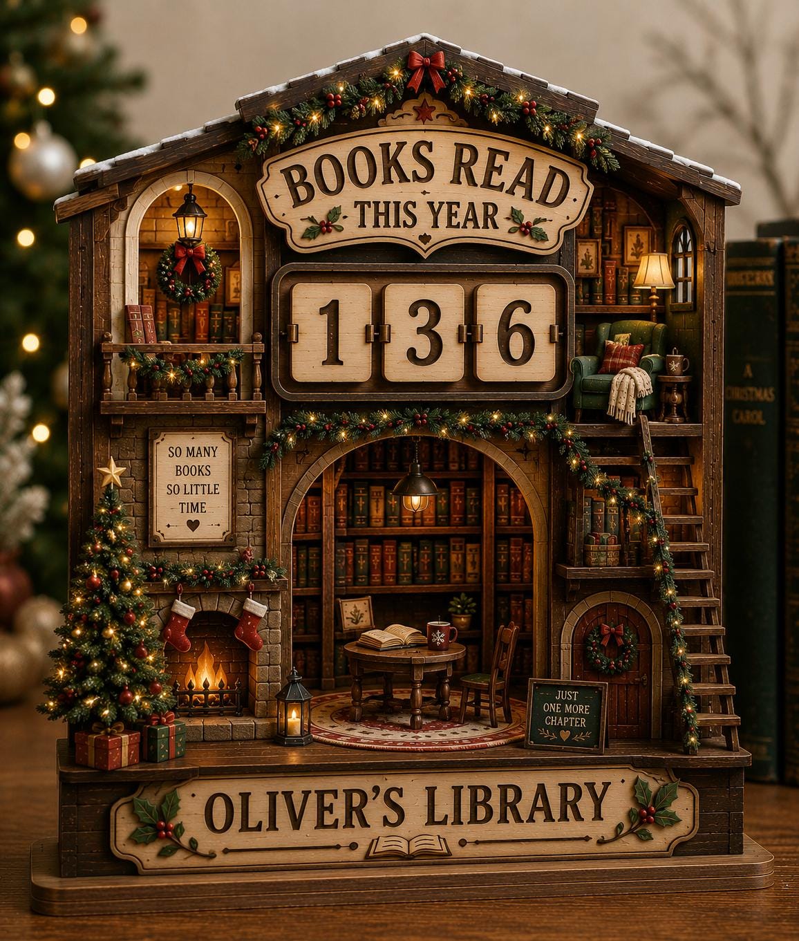 Personalized Christmas cottage library book tracker on a wooden table
