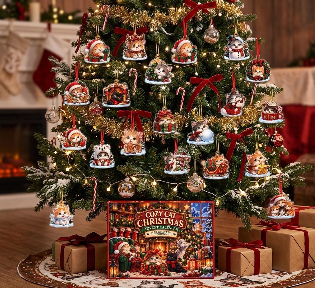 Cozy Cat Christmas advent calendar ornaments on a tree with red bows
