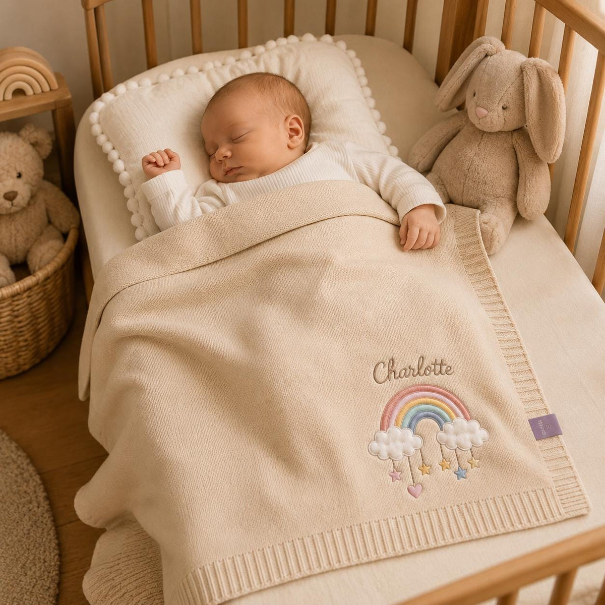 Sleeping newborn under a cream knit blanket embroidered with a pastel rainbow and the name Charlotte