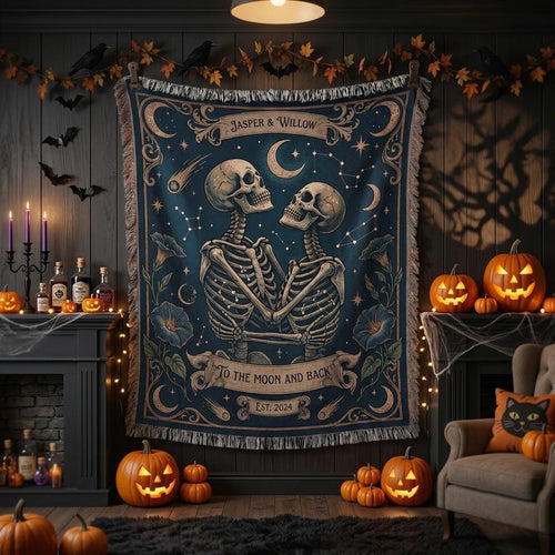 Personalized skeleton couple woven blanket hanging by a fireplace with jack-o-lanterns and Halloween candles