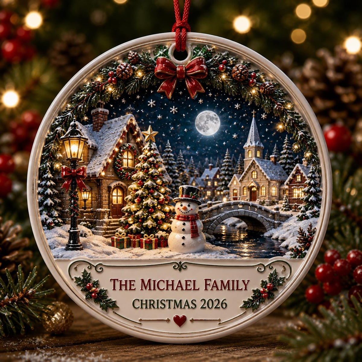Personalized snowman village ceramic ornament with church, bridge and The Michael Family Christmas 2026 banner