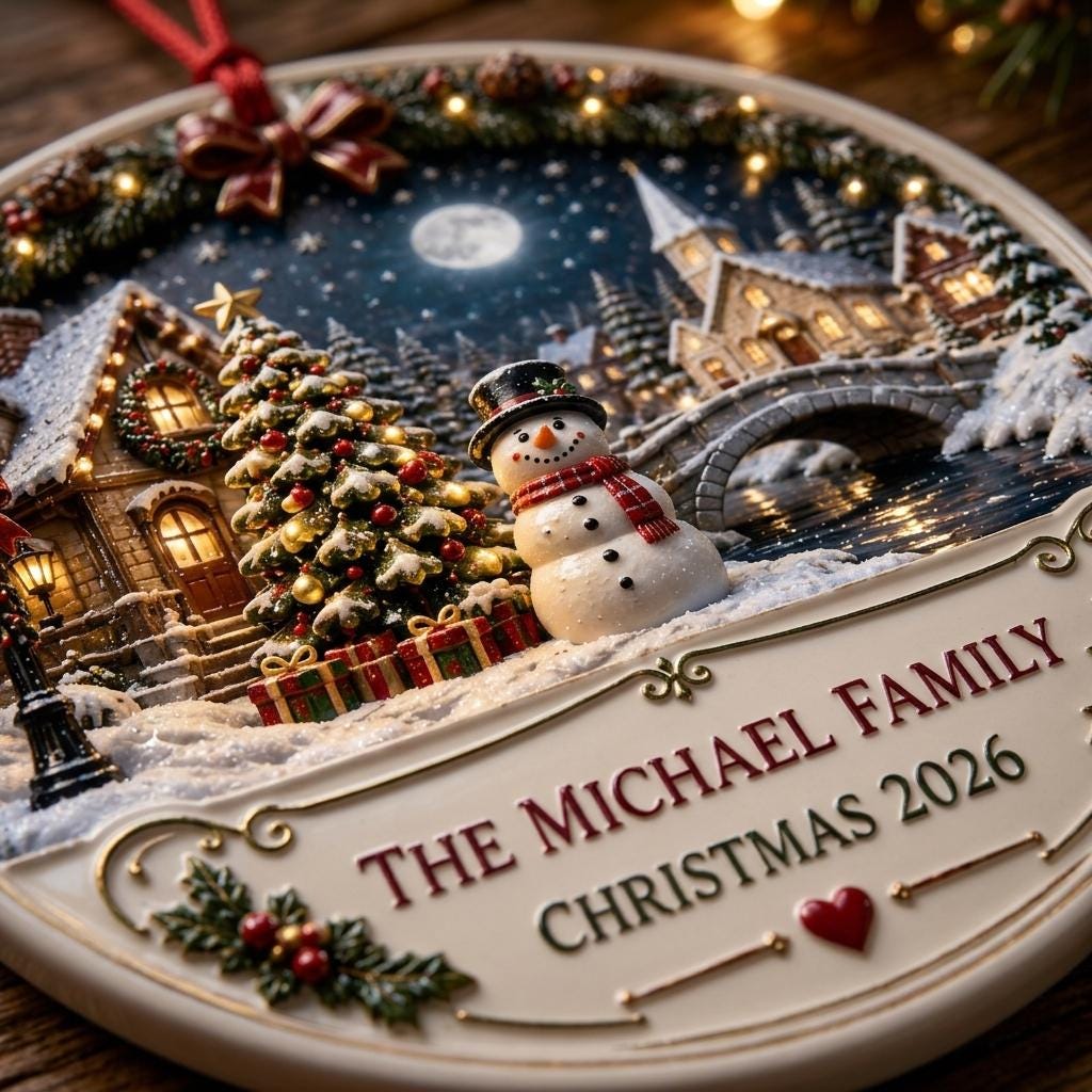 Close view of the snowman, lit Christmas tree, stone bridge and family name banner on the ceramic ornament