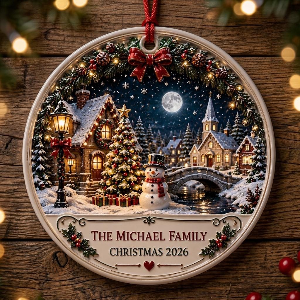 3D-style snowy village Christmas ornament with a red bow on a rustic wood table