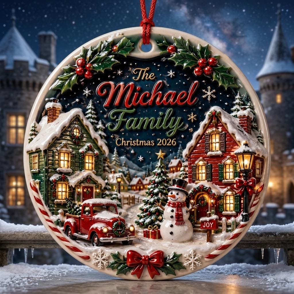 Personalized red truck Christmas village ceramic ornament with The Michael Family script and candy cane border