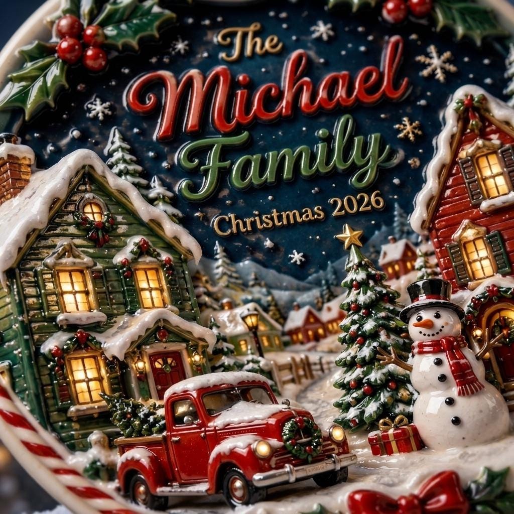 Close view of the vintage red truck, snowman and glowing houses under The Michael Family Christmas 2026
