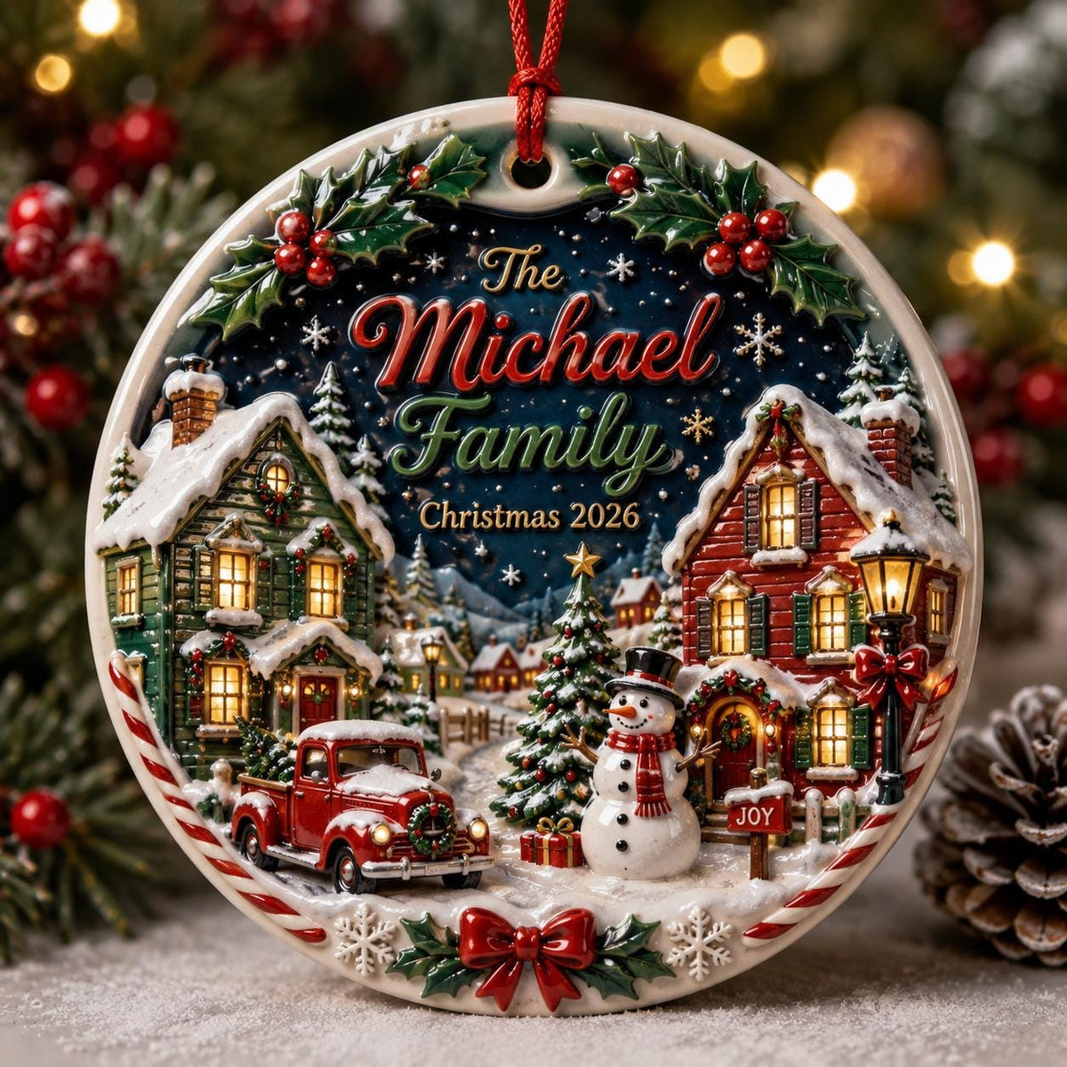 3D-style red and green Christmas village ornament with holly and red bows beside pinecones