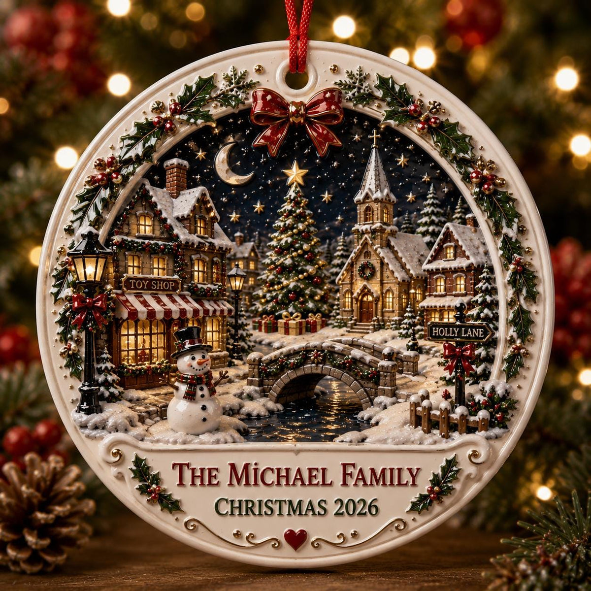 Personalized toy shop Christmas village ceramic ornament with church, tree, snowman and red bow wreath
