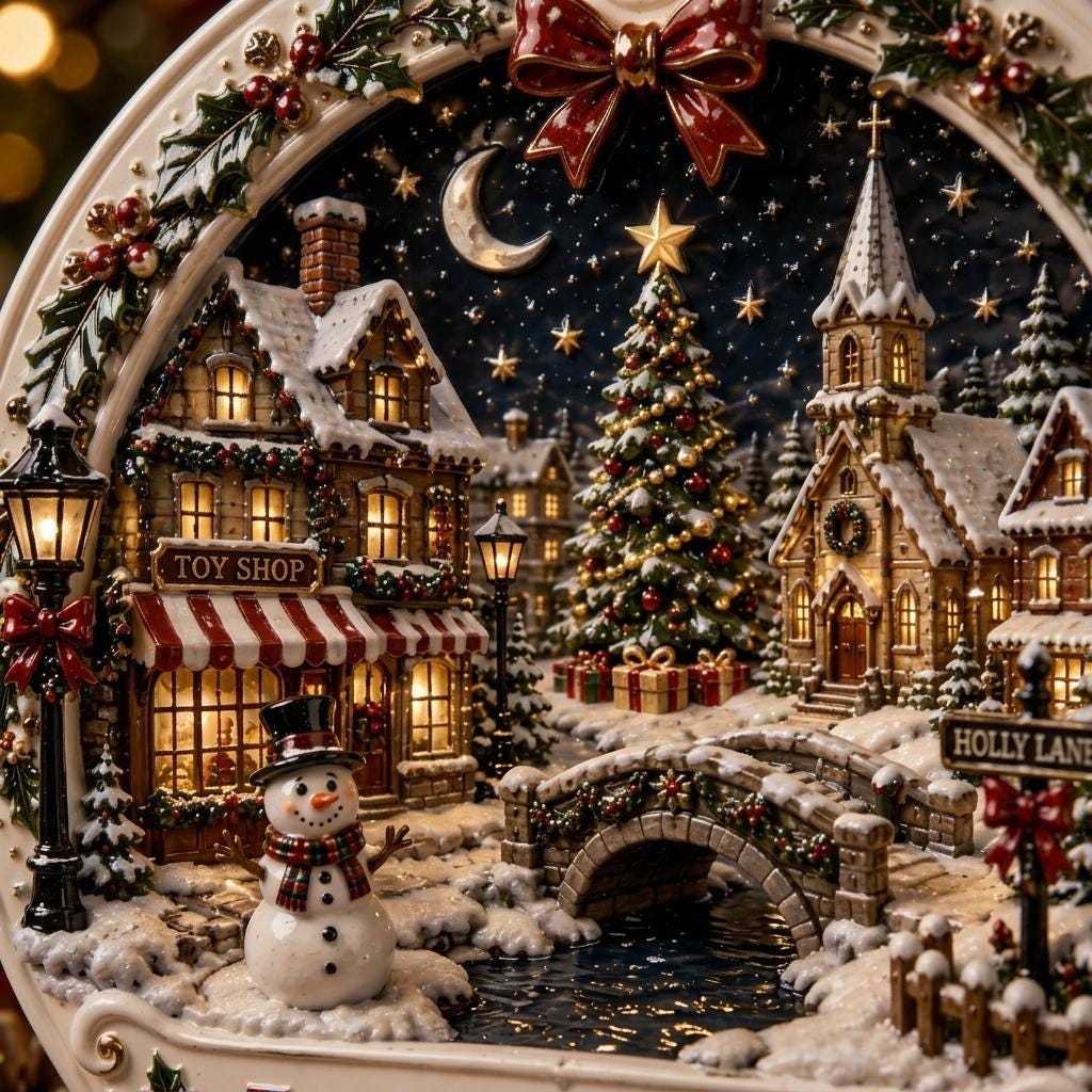 Close view of the toy shop, Holly Lane sign, stone bridge and snowman on the village ornament