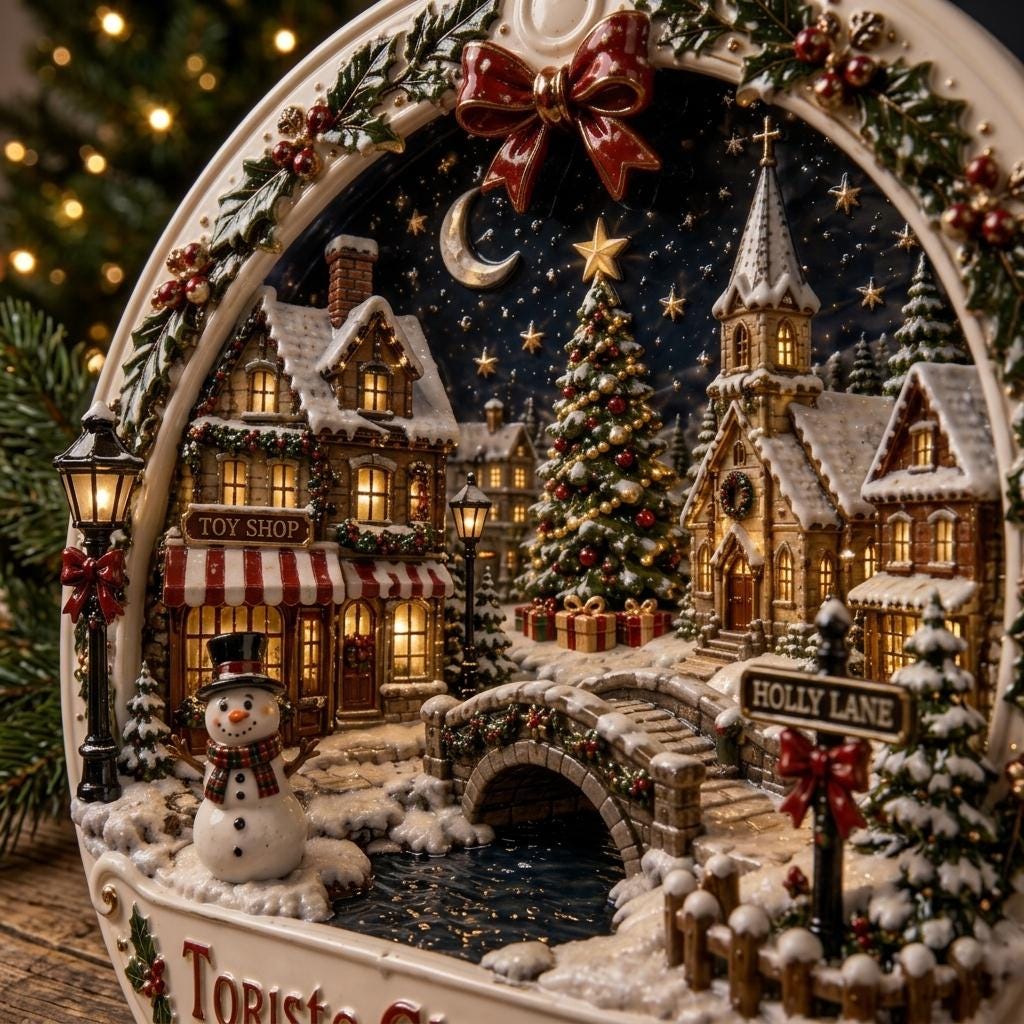 Angled view of the 3D-style Christmas village ornament showing the church and town Christmas tree