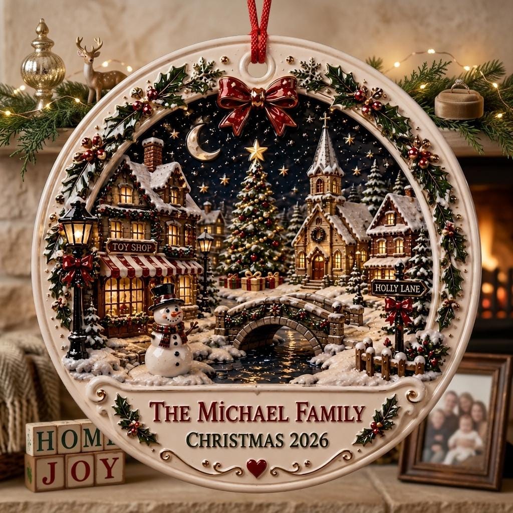 Christmas village family name ornament with The Michael Family Christmas 2026 beside Home Joy blocks