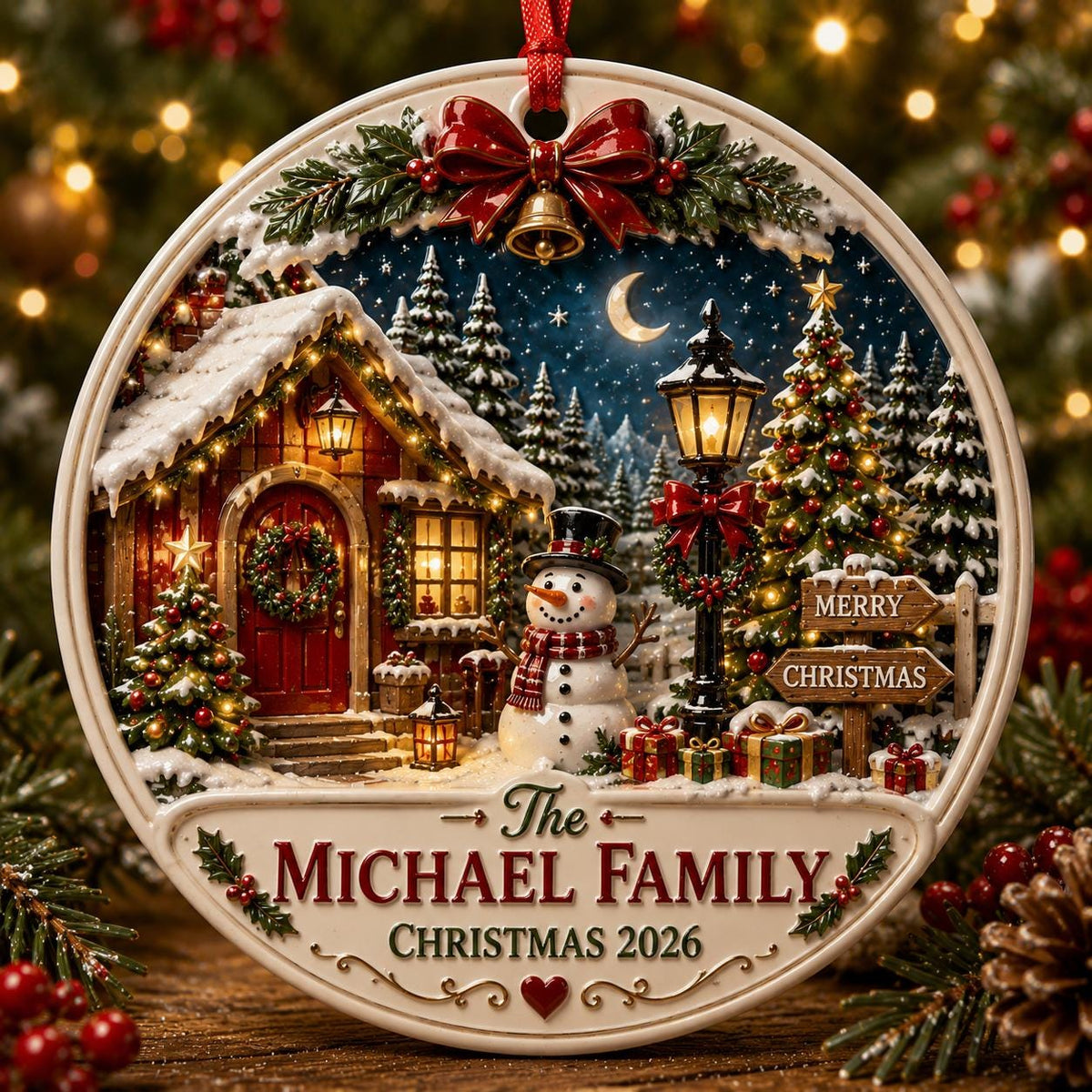 Personalized red door cottage ceramic ornament with snowman, street lamp and The Michael Family banner