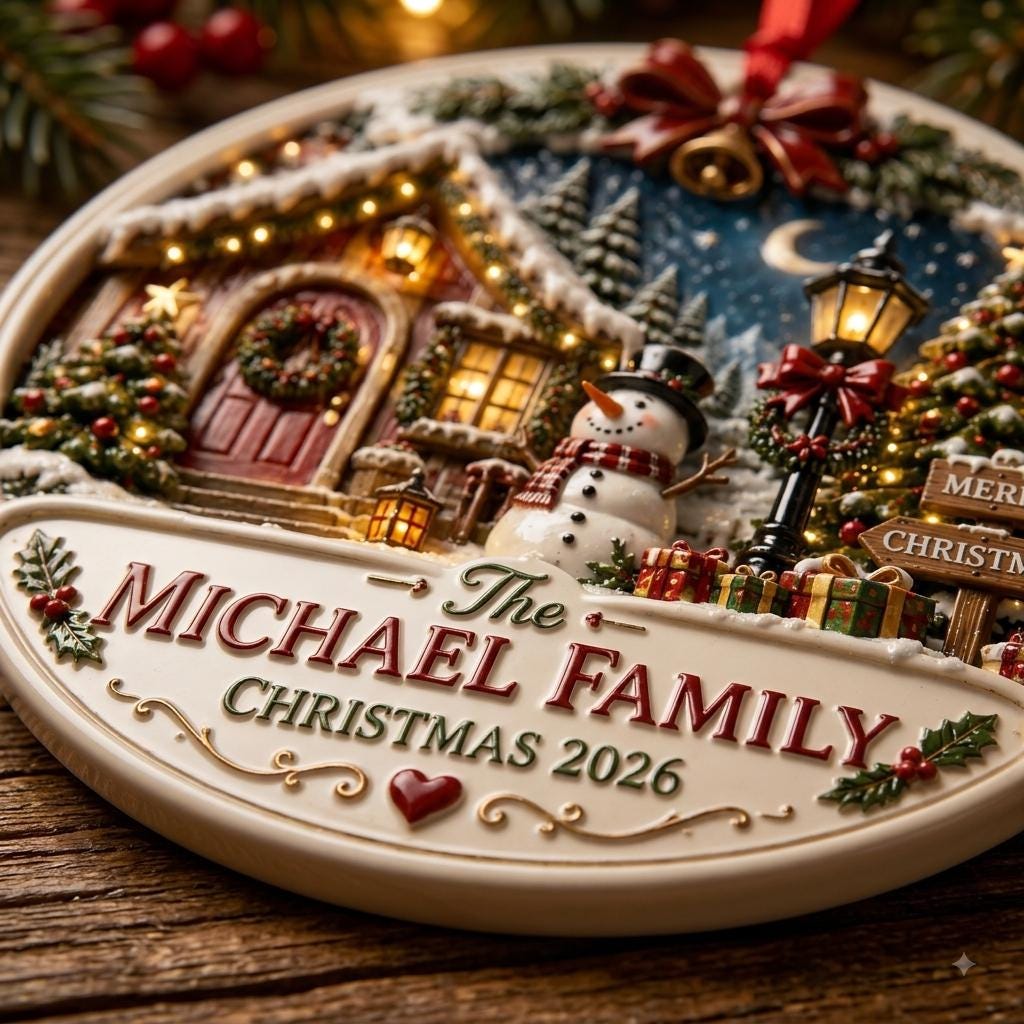 Angled close view of the snowy cottage, snowman and Michael Family Christmas 2026 lettering