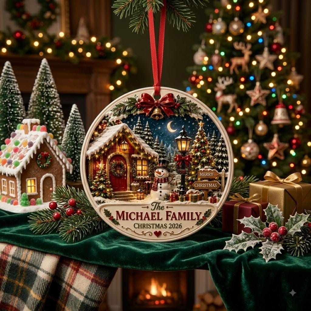 Red door cottage Christmas ornament hanging on a tree beside a gingerbread house and mini trees