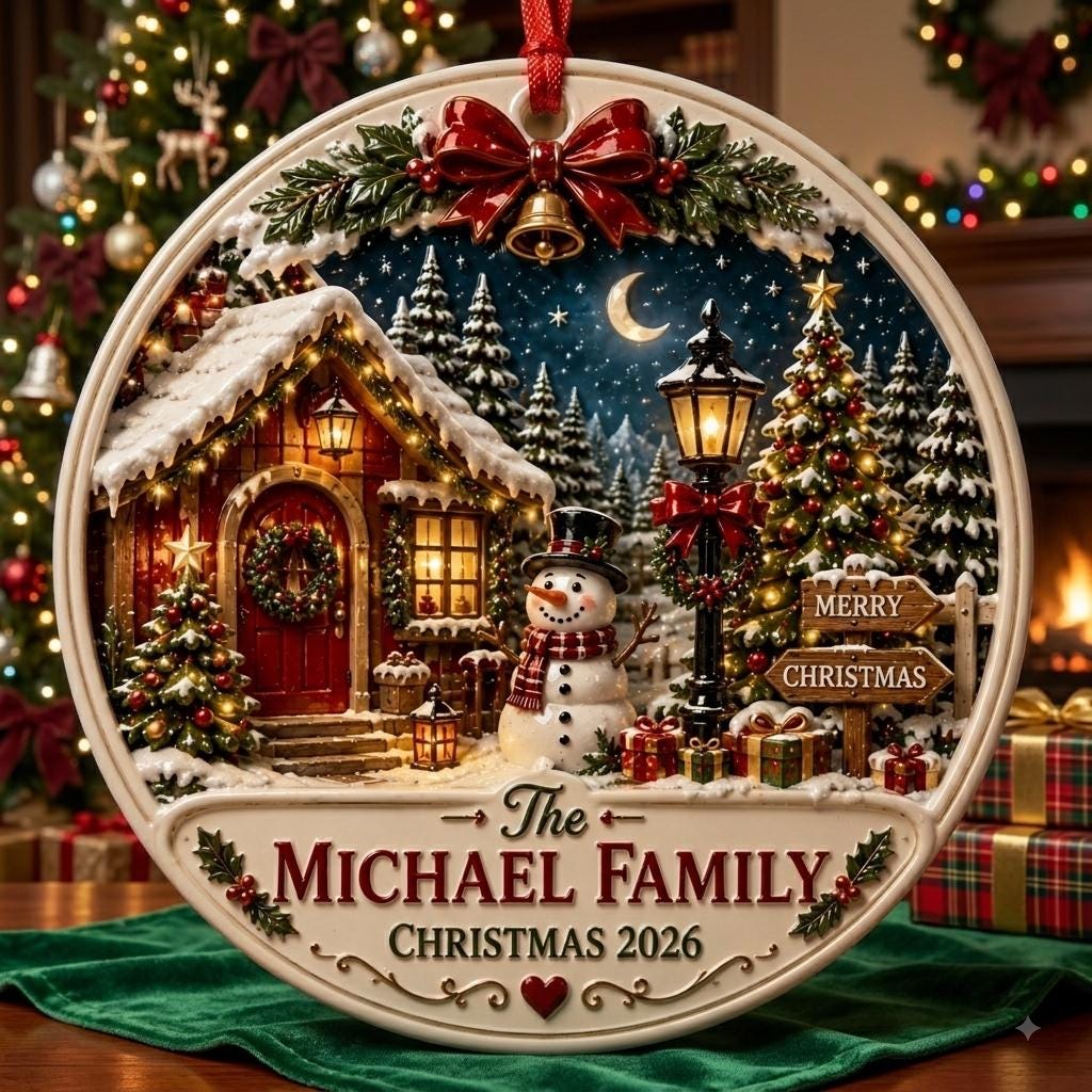 3D-style snowman cottage family ornament with a red bow and bell on green velvet