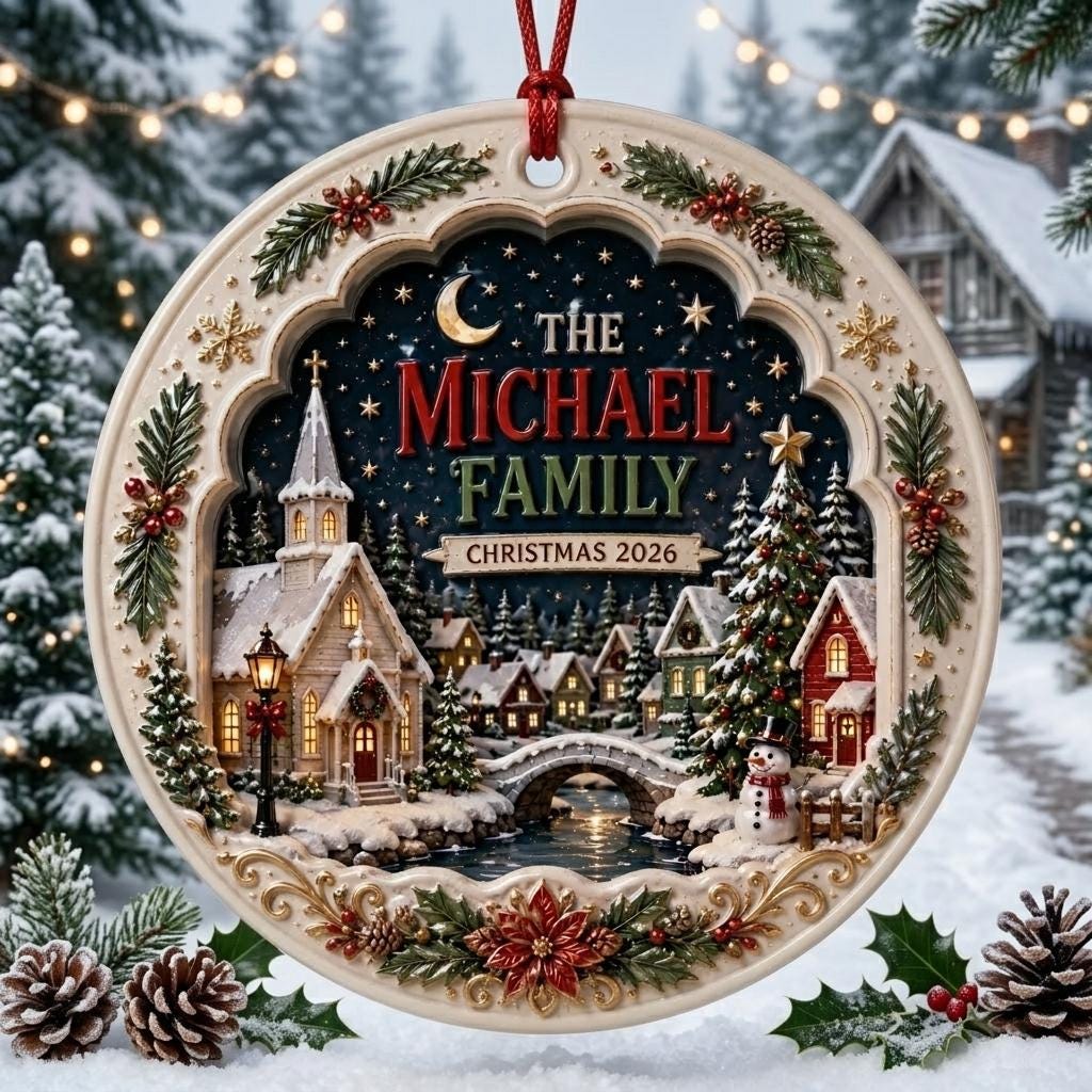 Personalized church village ceramic ornament with The Michael Family in red and green on a snowy background