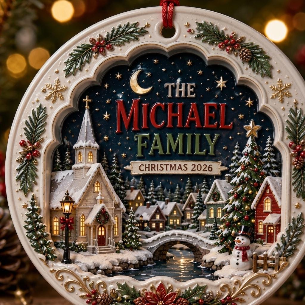 Close view of the white church, stone bridge and Christmas 2026 ribbon on the village ornament