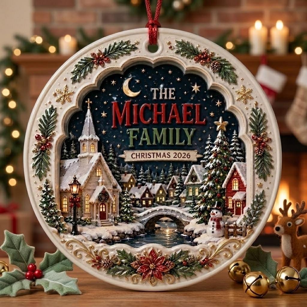 Church village family name ornament standing by holly and jingle bells near a fireplace