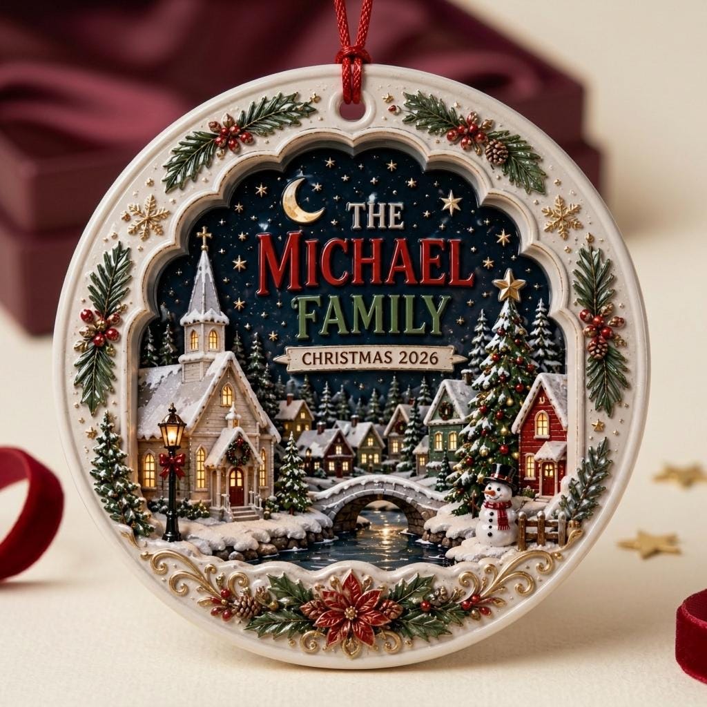 3D-style Christmas village ornament with poinsettia and pine border on a cream background