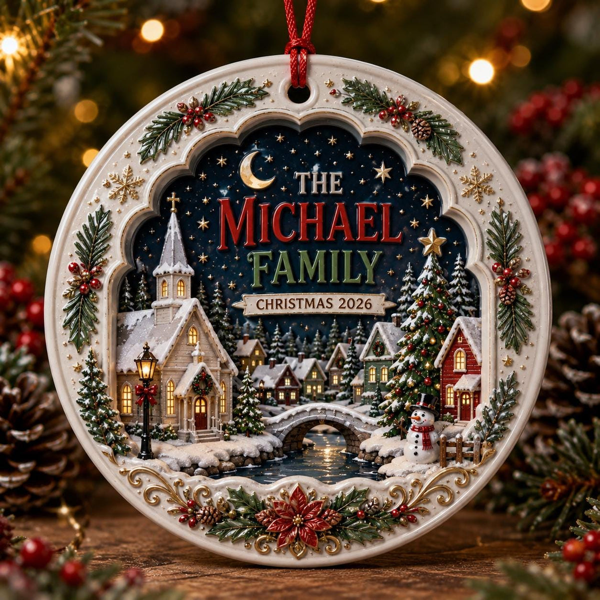 Church village Christmas ornament with a red ribbon in front of glowing tree lights