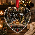 Mr and Mrs crystal glass heart ornament on a red ribbon in front of a couple by the fireplace