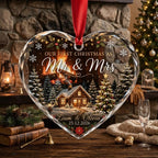 Heart-shaped Mr and Mrs personalized ornament hanging by a stone fireplace with lanterns