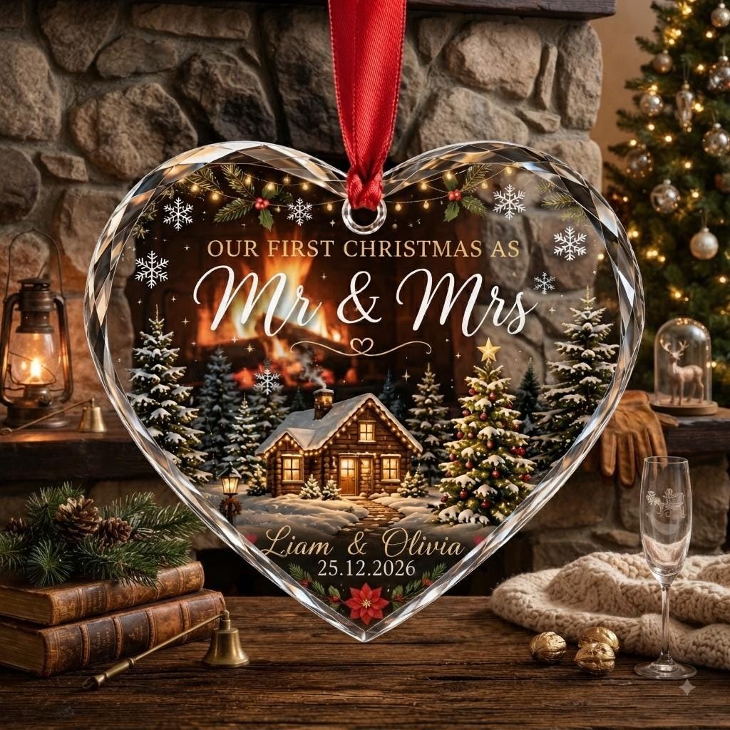 Heart-shaped Mr and Mrs personalized ornament hanging by a stone fireplace with lanterns