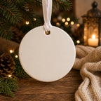 Blank white round ceramic ornament on a ribbon showing the round ceramic option