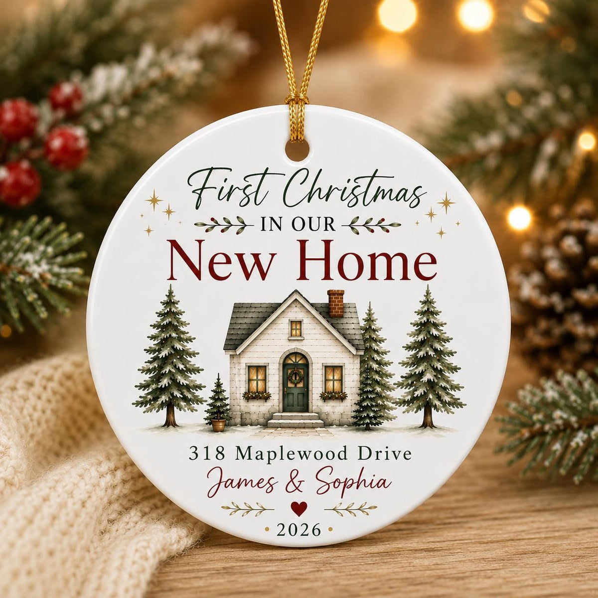 First Christmas in Our New Home personalized ceramic ornament with a cottage, evergreens, address and couple names