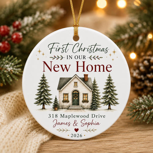 First Christmas in Our New Home personalized ceramic ornament with a cottage, evergreens, address and couple names