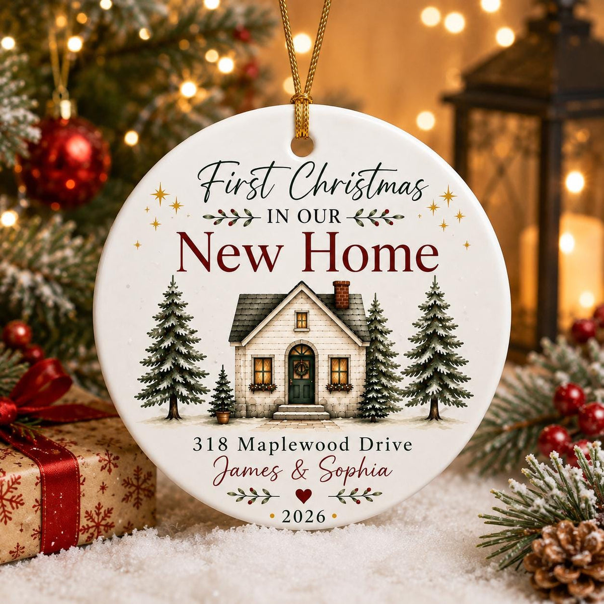 Our New Home address ornament with James and Sophia 2026 beside a wrapped gift and lantern