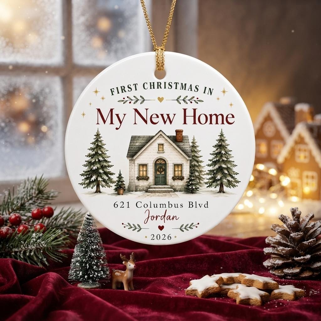 My New Home personalized ceramic ornament hanging by a frosty window with gingerbread houses
