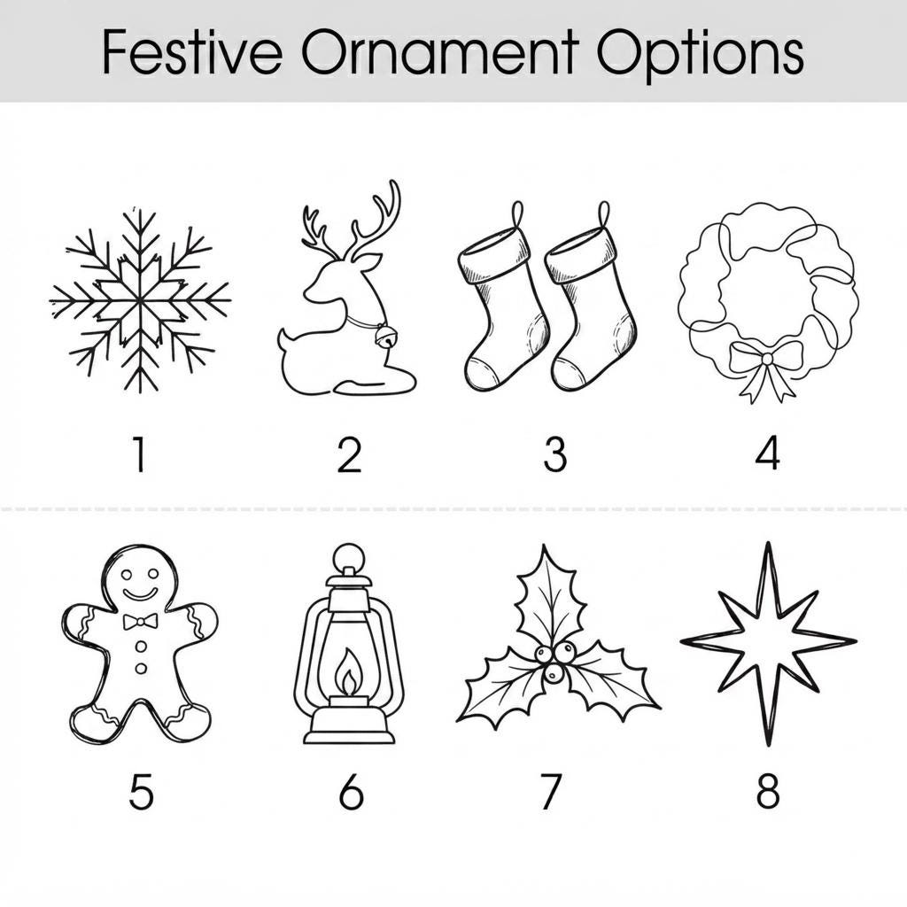 Festive ornament design chart: snowflake, reindeer, stockings, wreath, gingerbread man, lantern, holly and star