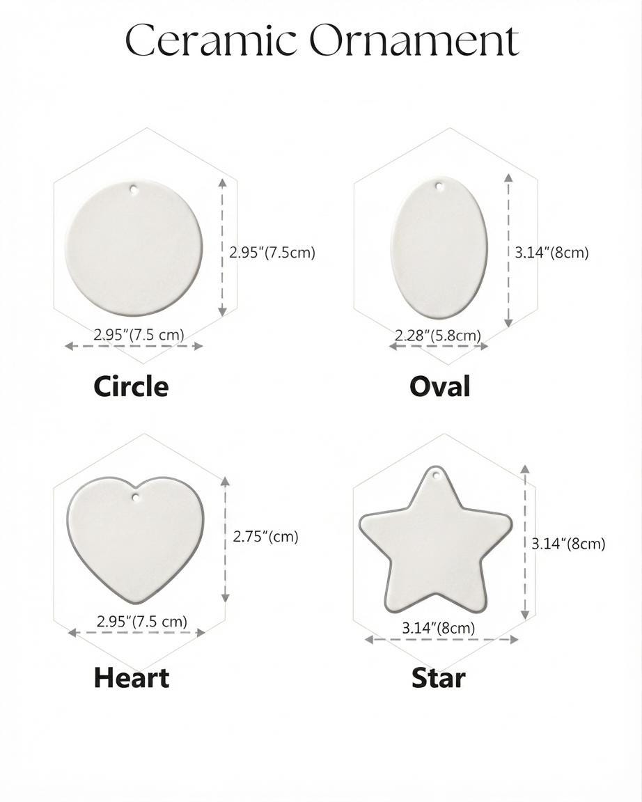 Ceramic ornament shape and size guide: circle, oval, heart and star with measurements in inches and cm