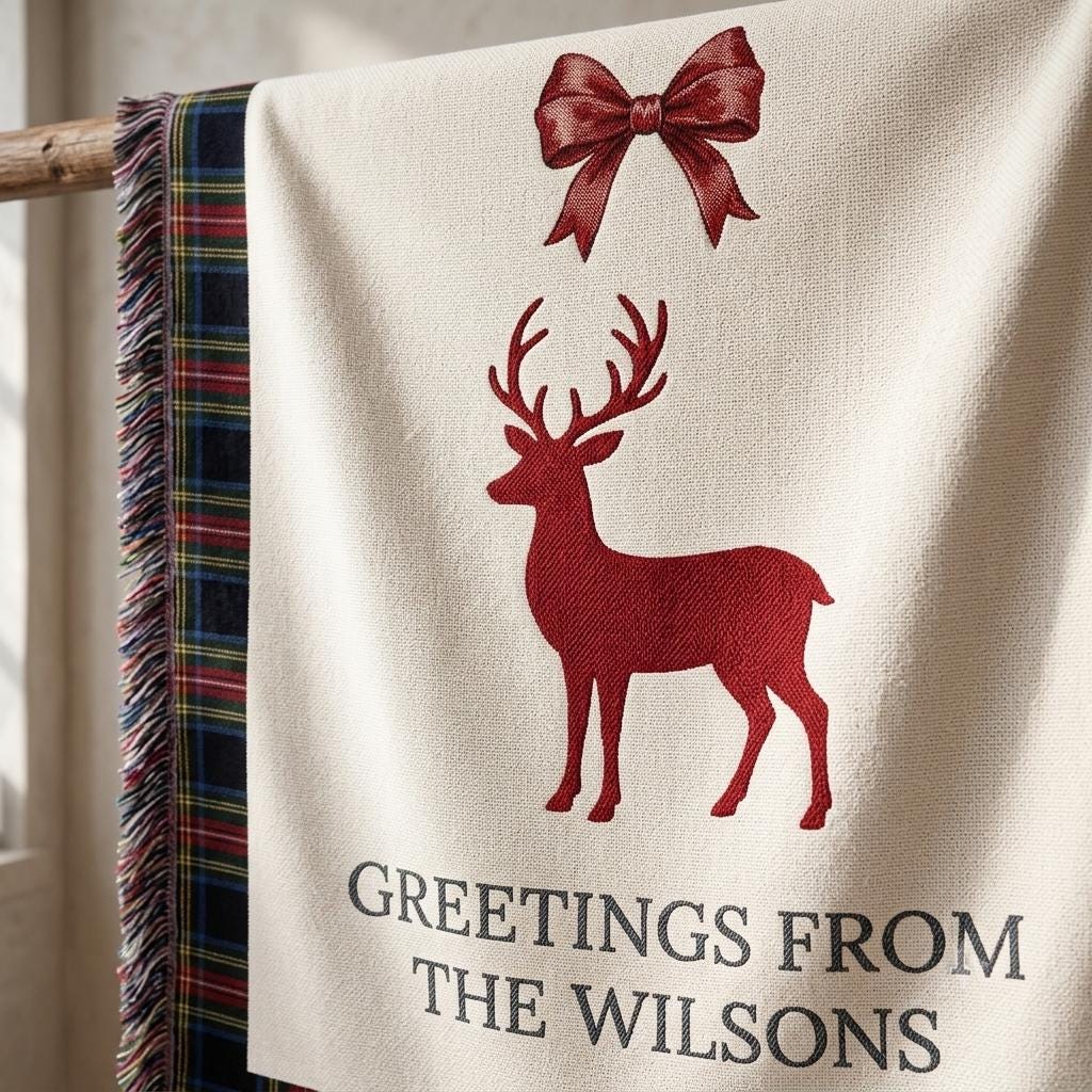 Close view of the woven red reindeer, bow and Greetings From The Wilsons lettering draped over a rail