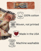 Woven blanket features graphic: 100% cotton, woven not printed, made in the USA, machine washable