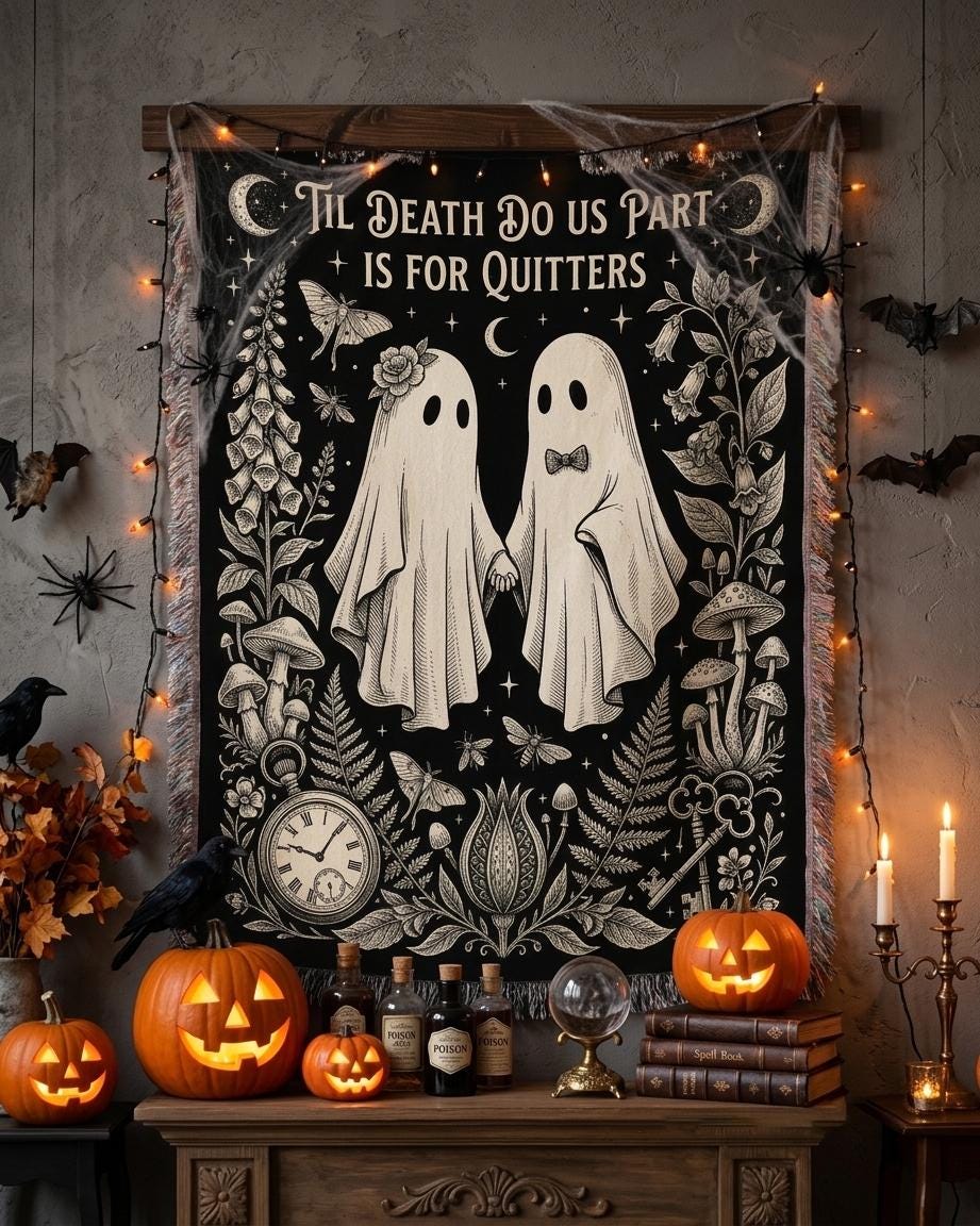 Til Death Do Us Part Is For Quitters ghost couple woven blanket hanging above pumpkins and candles