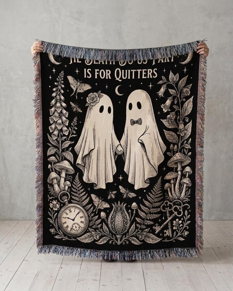 Ghost bride and groom woven throw held up in a bright room showing foxgloves, mushrooms and a pocket watch