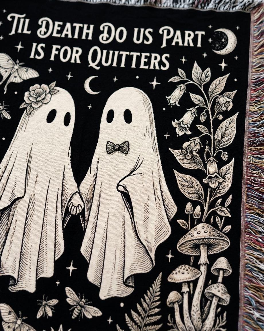 Close view of the woven ghost bride with a rose and ghost groom in a bow tie holding hands