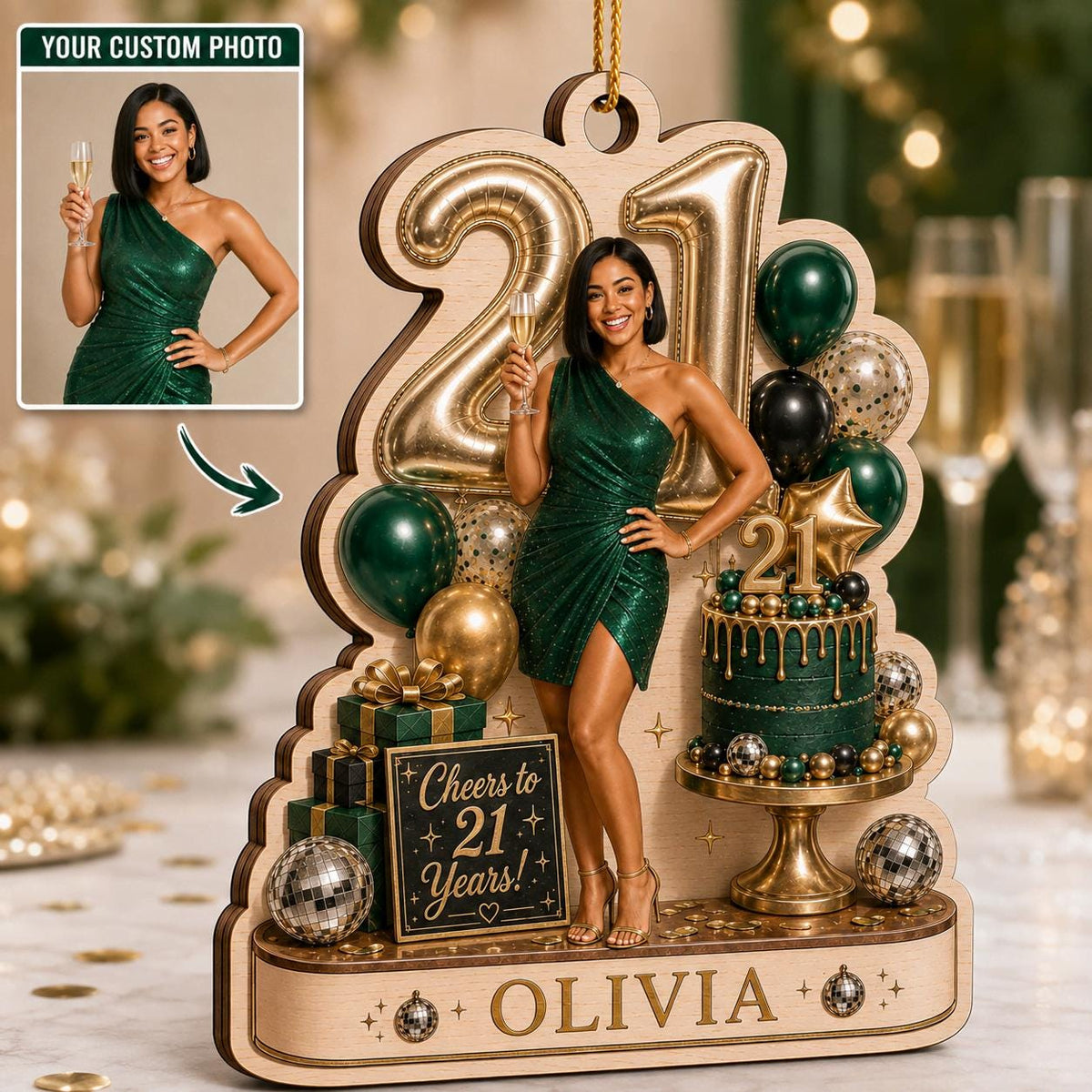 Personalized 21st birthday wooden ornament made from a custom photo with name