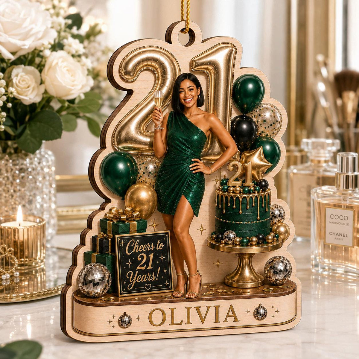 Cheers to 21 Years photo ornament with custom name on a party table