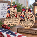 Personalized 250 Years of America bell and round wooden ornaments with family names