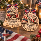 Patriotic 1776-2026 wooden ornaments with eagle and Statue of Liberty designs