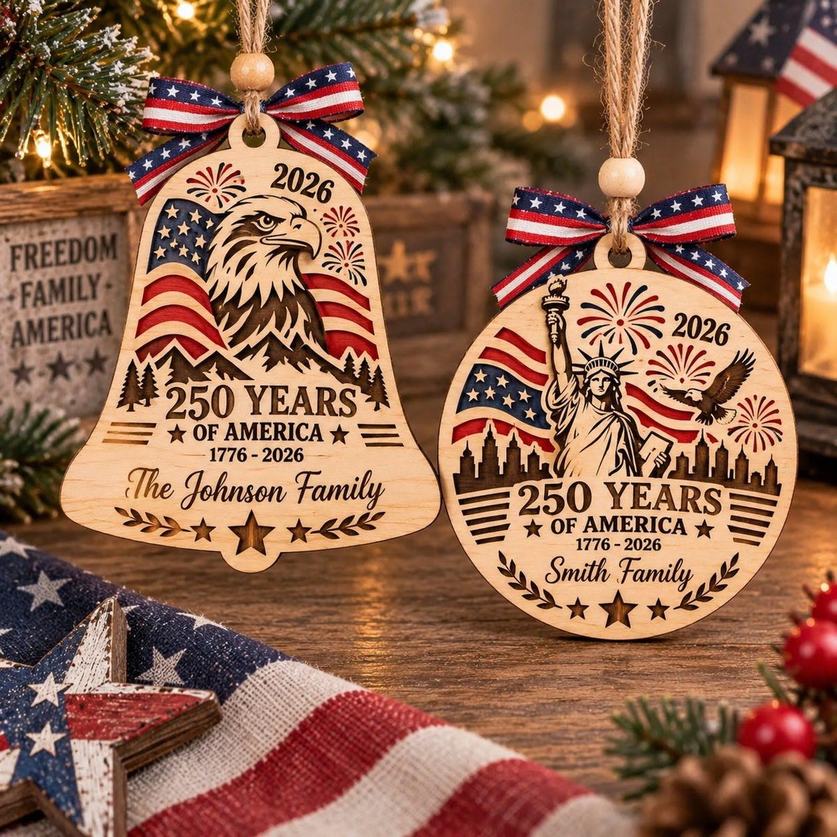 Patriotic 1776-2026 wooden ornaments with eagle and Statue of Liberty designs