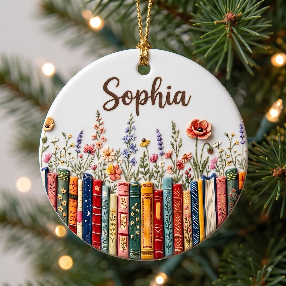 Close-up of the raised 3D book spines and flowers on the Sophia ornament