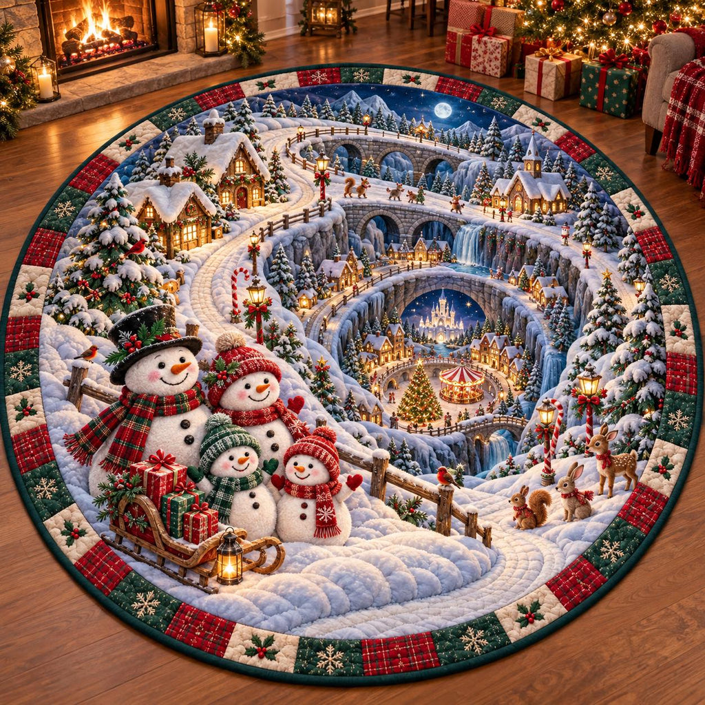 Round snowman rug with a spiraling 3D Christmas village below, near a fireplace and stacked gifts