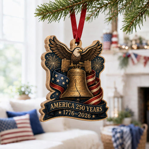 America 250th anniversary wooden ornament with eagle and Liberty Bell in living room