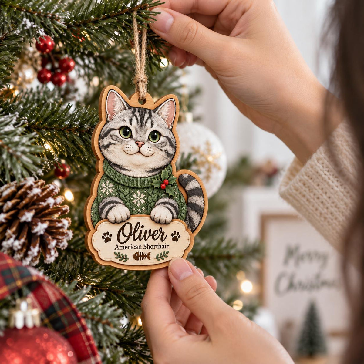 Woman hanging a personalized American Shorthair cat ornament on a Christmas tree