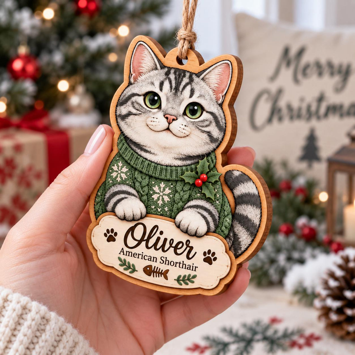 Hand holding an American Shorthair cat wooden ornament with pet name Oliver
