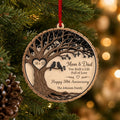 Personalized anniversary family tree wooden ornament for Mom and Dad hanging on a Christmas tree